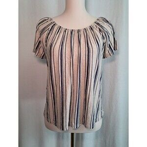 W5 Anthropologie Textured Knit Scooped Neck Short Sleeve Top Size M Navy Beige